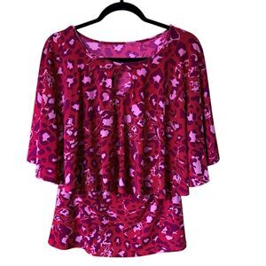IMAN Red and Pink Leopard Print Tiered Keyhole Top Layered Fluttered Sleeves XS‎